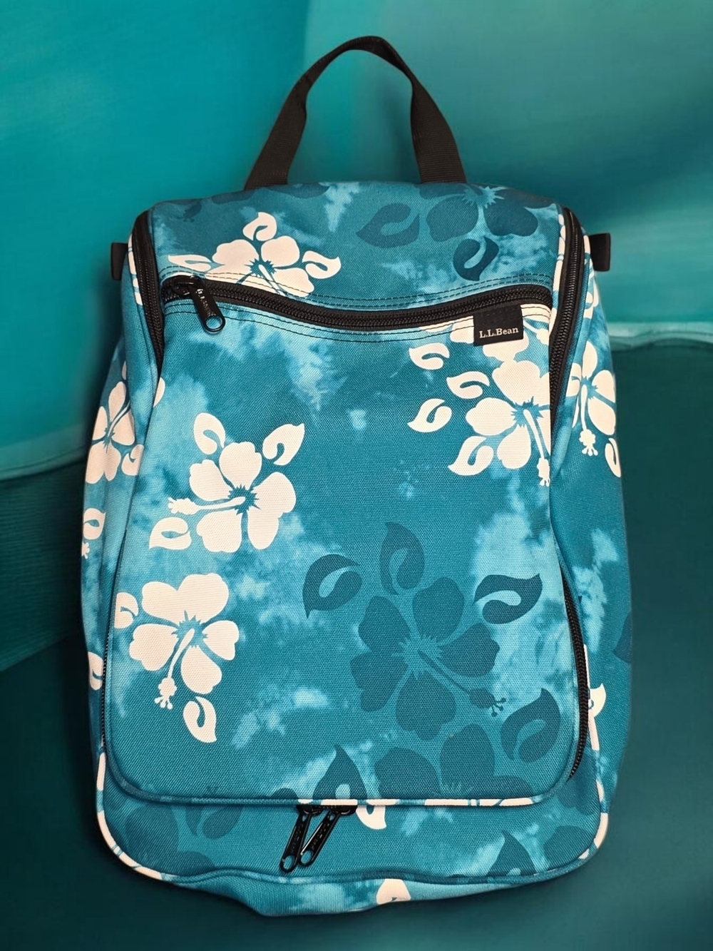 L.L. Bean Teal Floral Travel Backpack with White Accents